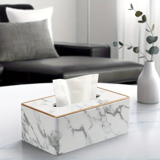 Elegant Marble Pattern Faux Leather Tissue Box with Golden Trim